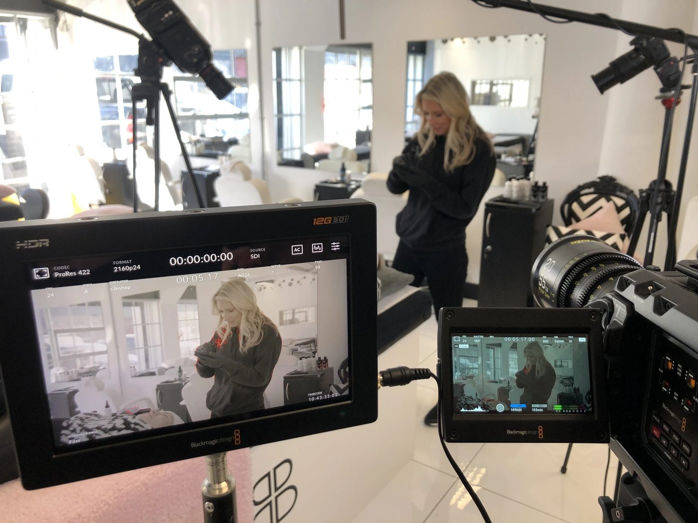 Filming a beauty salon commercial with dual Blackmagic cinema cameras and monitors